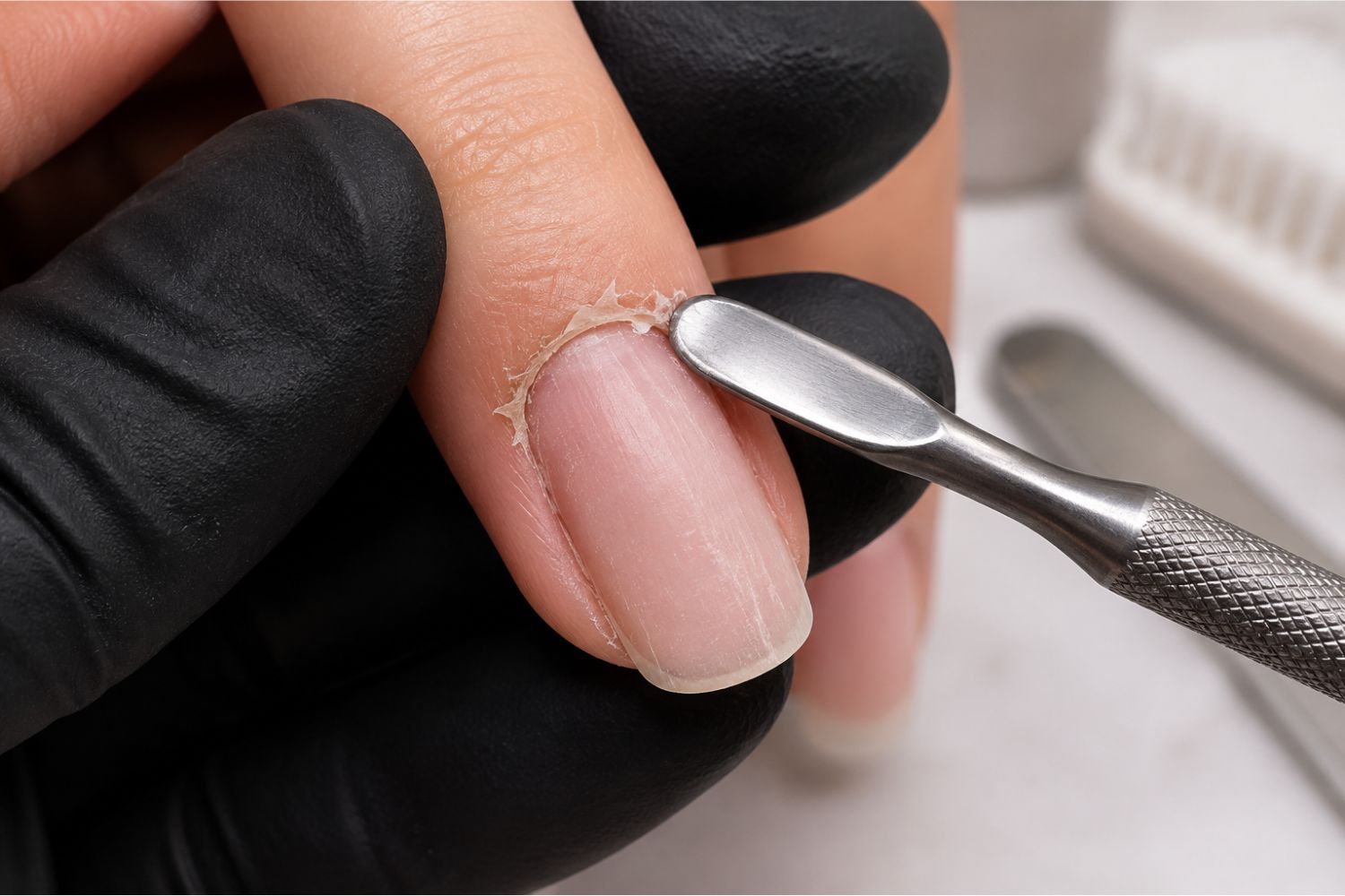 Natural nail with leftover cuticle tissue that can cause lifting during nail enhancements.