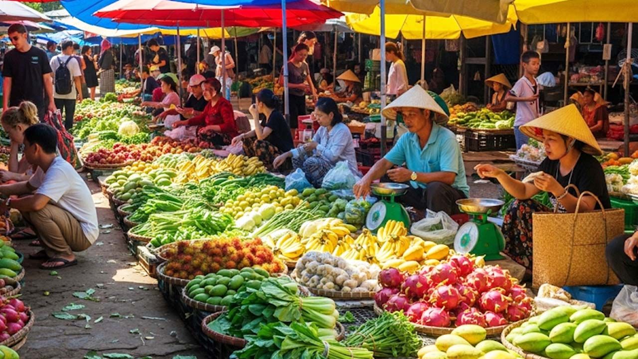 Bán trái cây ở chợ, phiên chợ nông sản