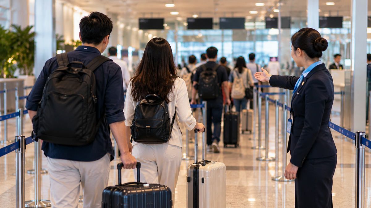 Hành khách kiểm tra thông tin chuyến bay tại sảnh đến Phú Quốc vào buổi tối