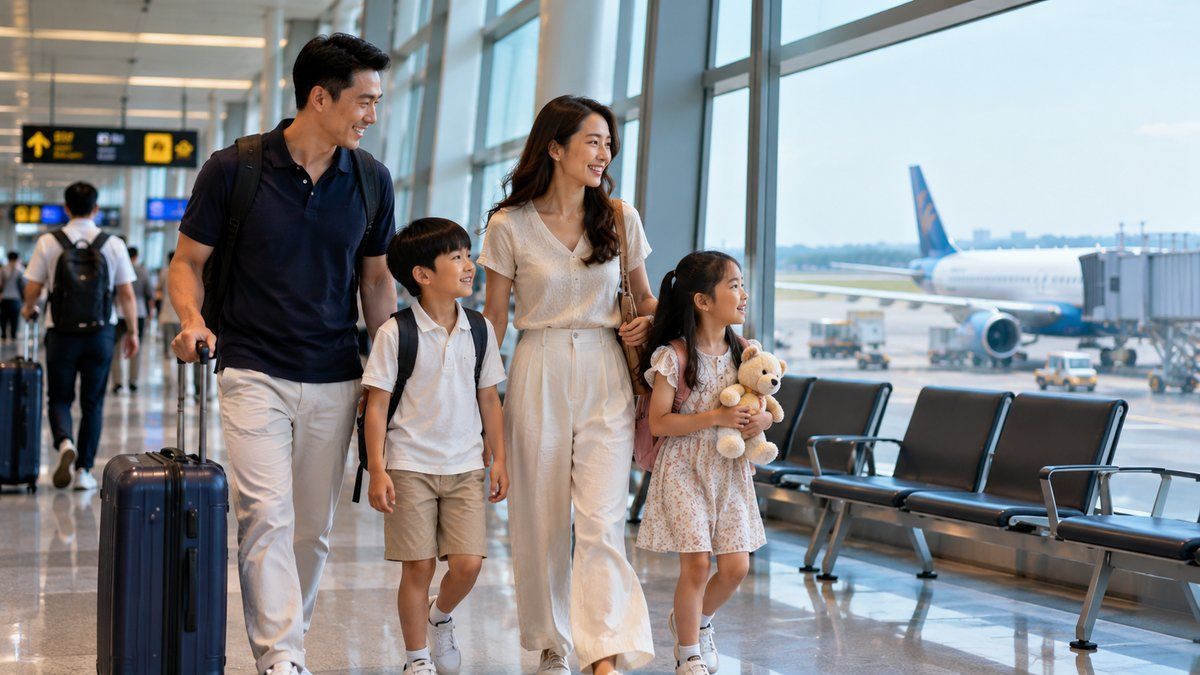 Phụ huynh sắp xếp hành lý xách tay và đồ dùng cho bé trước giờ lên máy bay ở Nội Bài