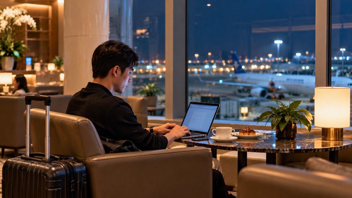 Hành khách kiểm tra giờ bay và thông tin phòng chờ trước chuyến bay khuya