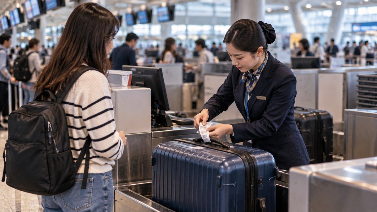 Nhân viên gắn thẻ hành lý cho vali tại quầy làm thủ tục sân bay
