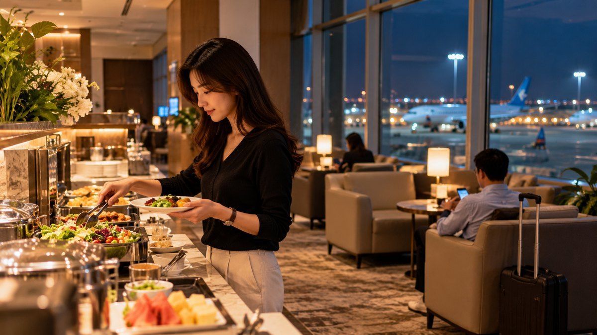 Không gian ghế ngồi trong phòng chờ sân bay vào buổi tối trước chuyến bay đêm