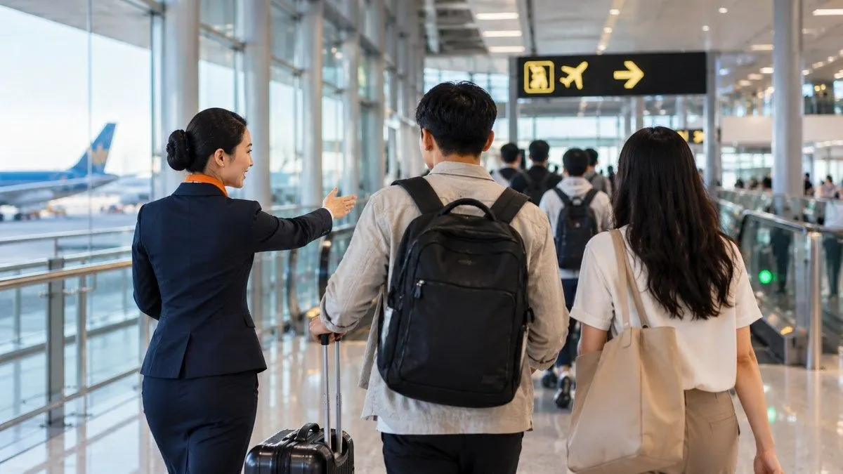 Nhân viên hướng dẫn hành khách tại khu vực nối chuyến Tân Sơn Nhất