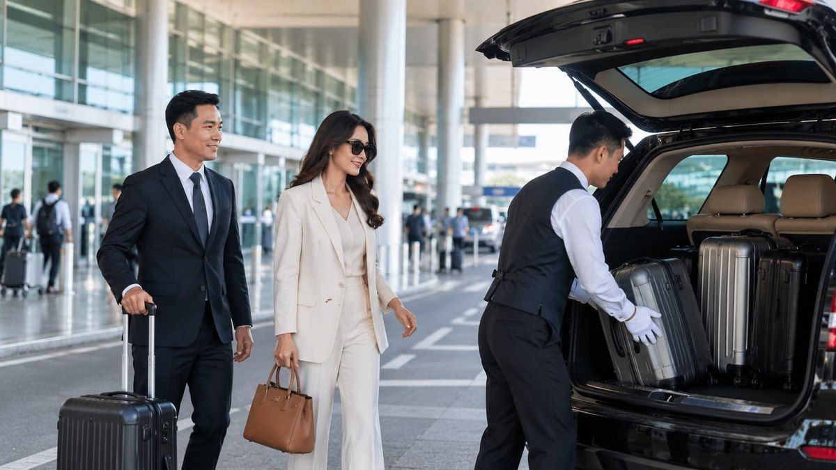 Nhân viên hỗ trợ xếp hành lý khách VIP lên xe tại sân bay Nội Bài