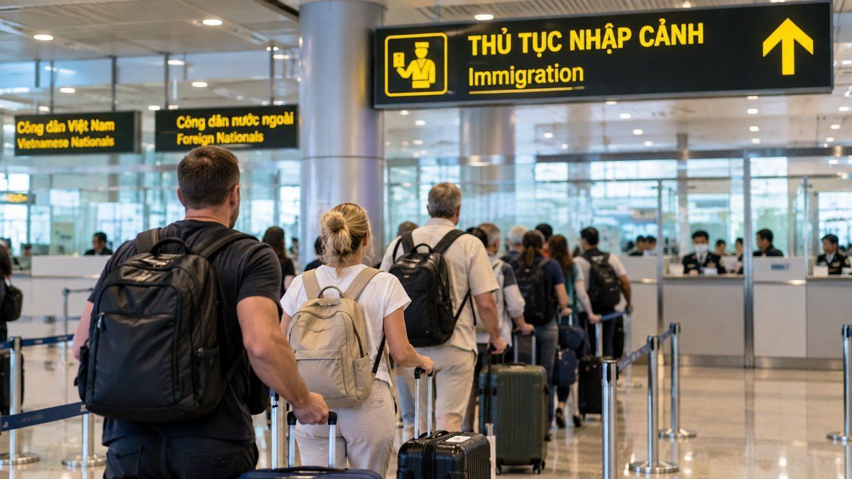 Khách quốc tế làm thủ tục nhập cảnh tại sân bay Đà Nẵng