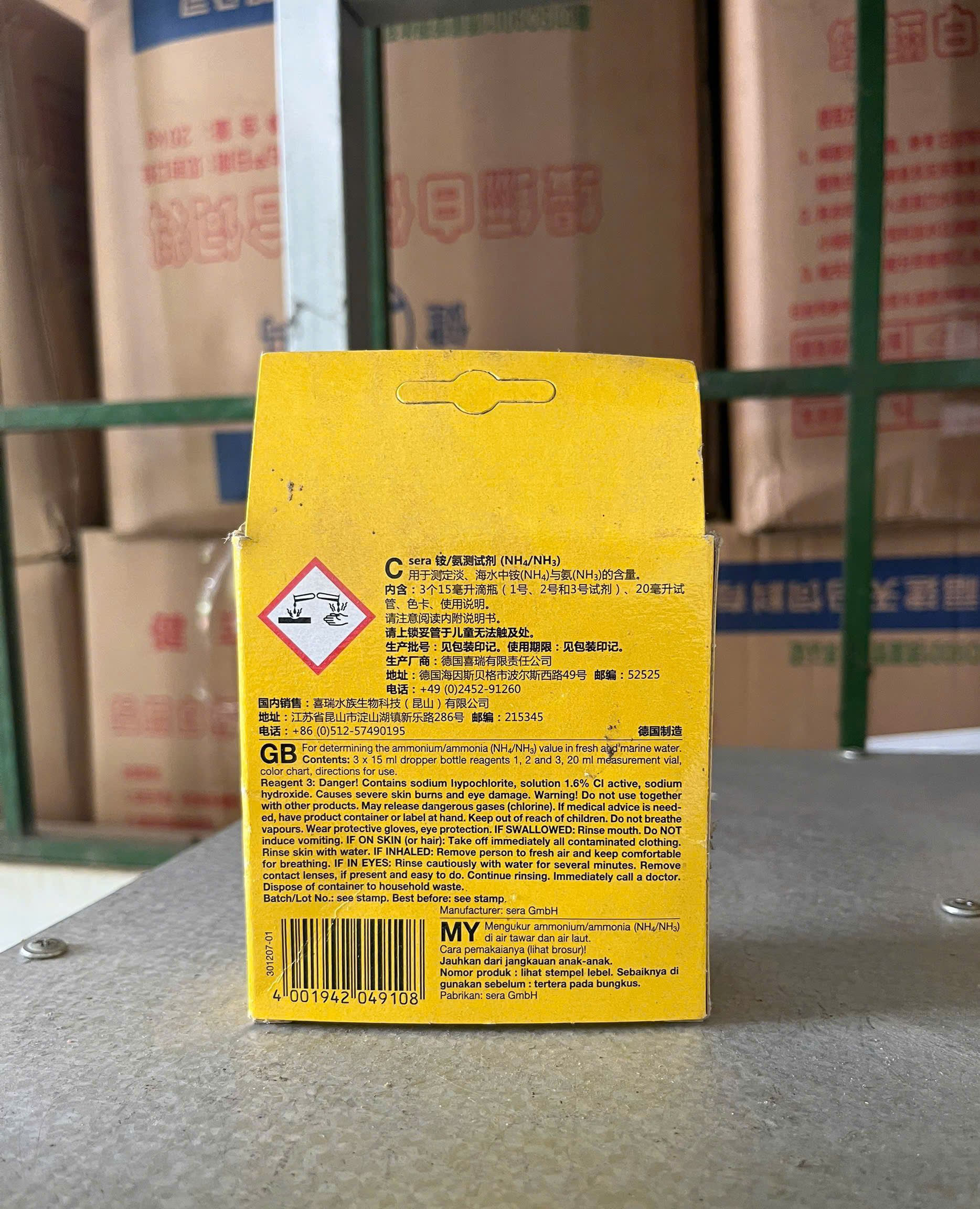 Mặt sau hộp Sera NH₄/NH₃ Test thông tin sản phẩm